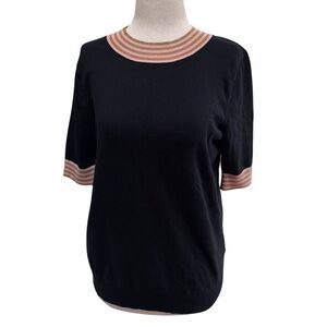 Boden Black Top with Pink and Brown Striped Trim Size S Preppy